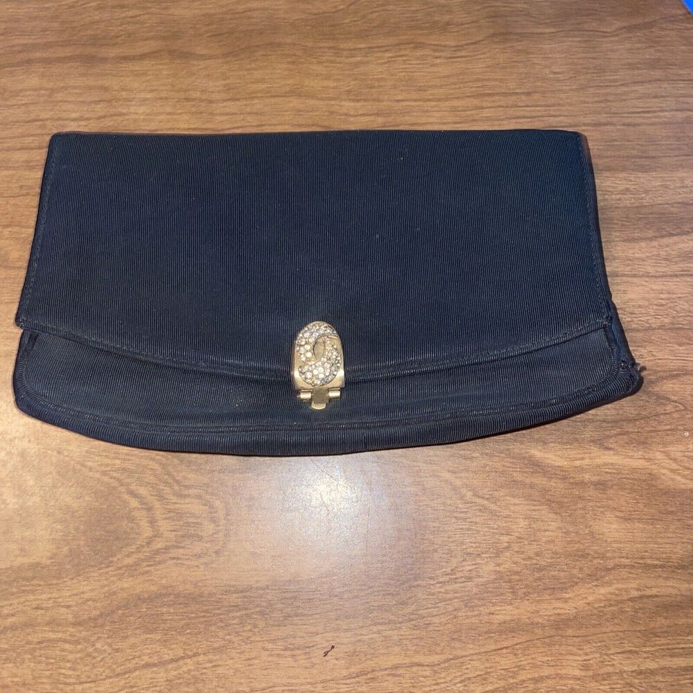 Garay Vintage Black & Gold Rayon Rhinestone Beaded Clasp Clutch Purse